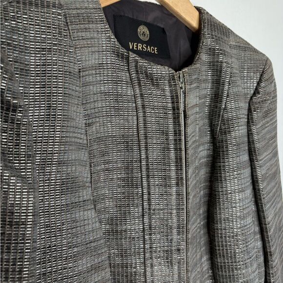 Versace Textured Silver Metallic Velvet Brocade Zipper Eve Jacket 42 6 Couture - Picture 13 of 13